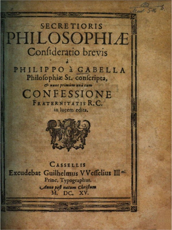 Титульный лист „Confessio Fraternitatis“, 1615 год Титульный лист „Confessio Fraternitatis“, 1615 год
